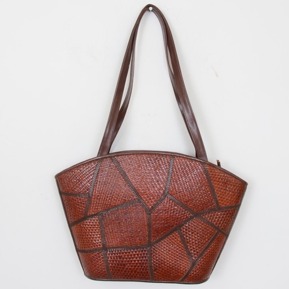 Desenyo Buntal Straw Patchwork Tote Shoulder HandBag Vegan Leather Boho Purse